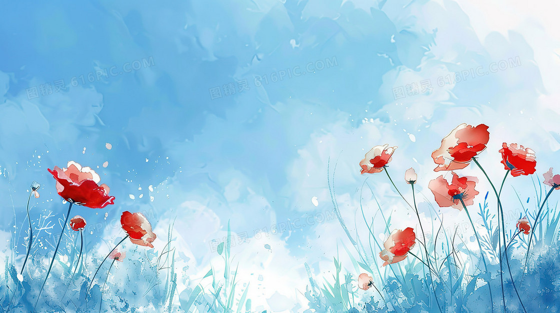 卡通风蓝天下的花朵背景