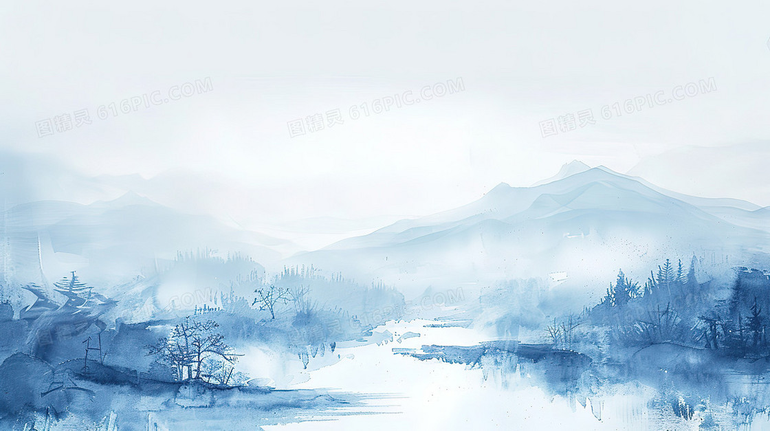 蓝色水墨山水背景