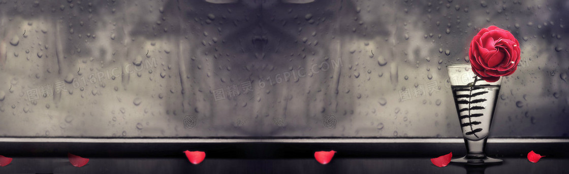 黑白玻璃水珠玫瑰背景banner