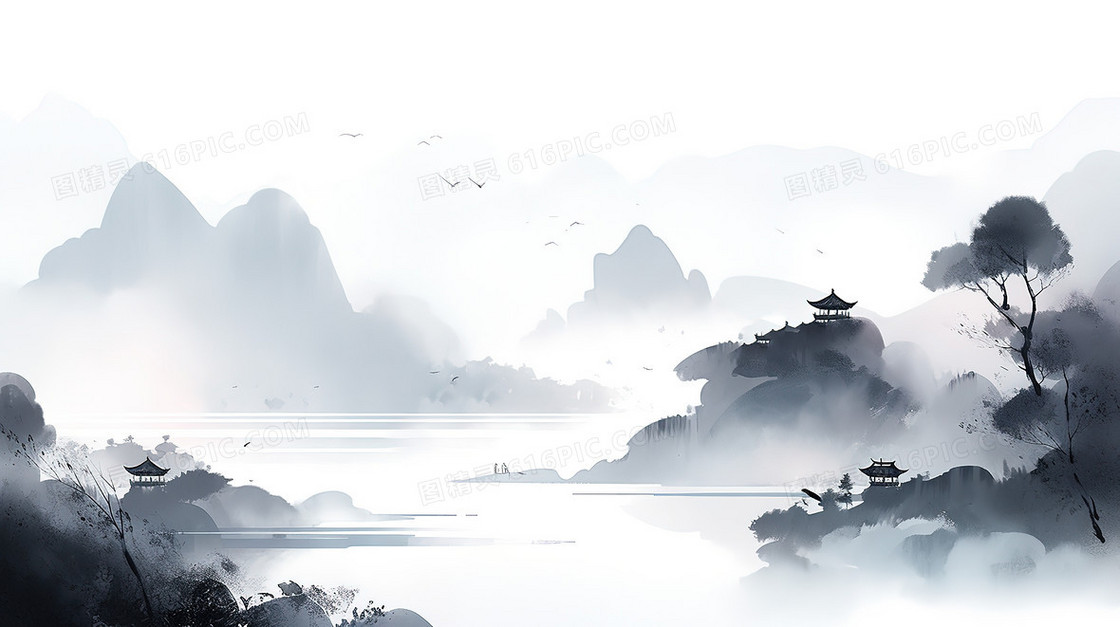 中国水墨山水亭台背景