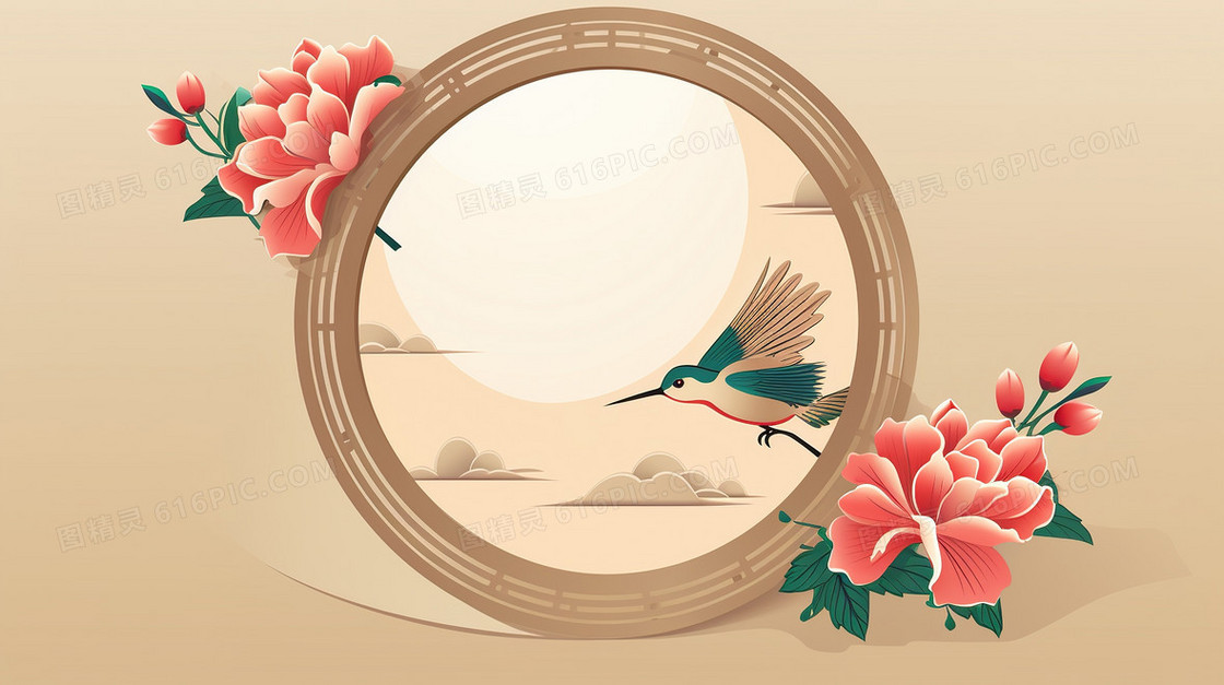 中国风喜庆花卉边框花鸟背景