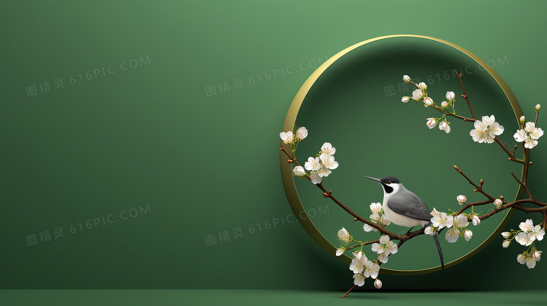 绿色新中式中国风花卉边框背景