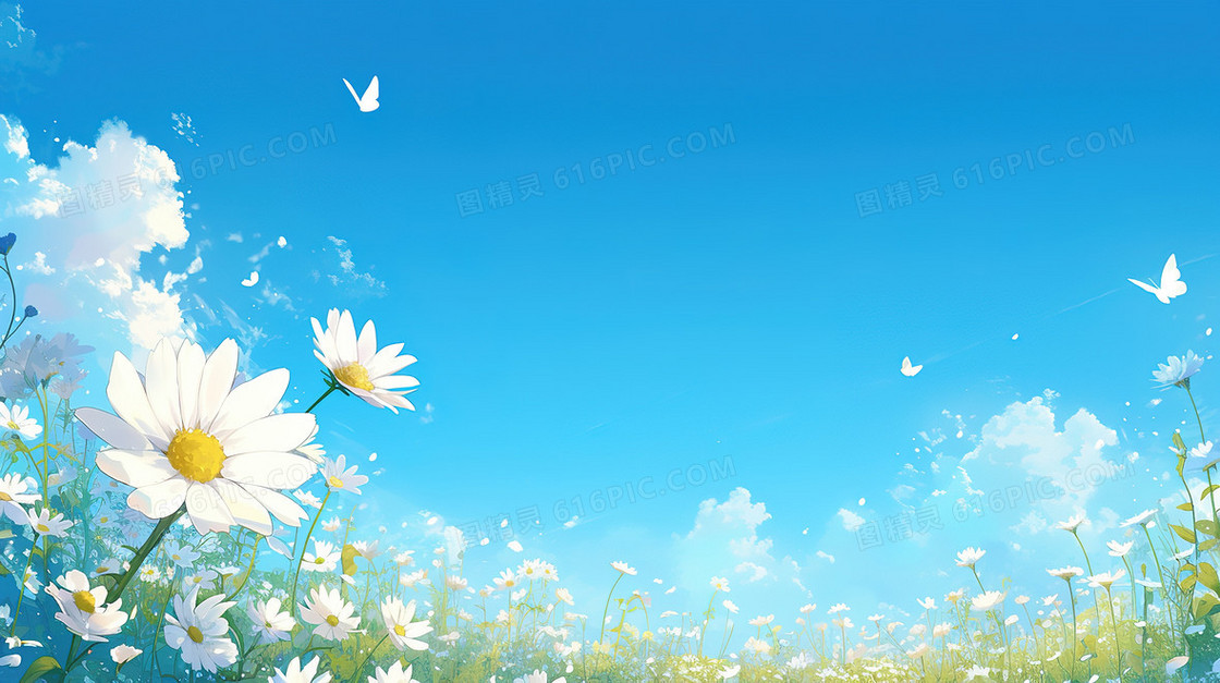 蓝天白云梦幻小雏菊花海唯美背景图