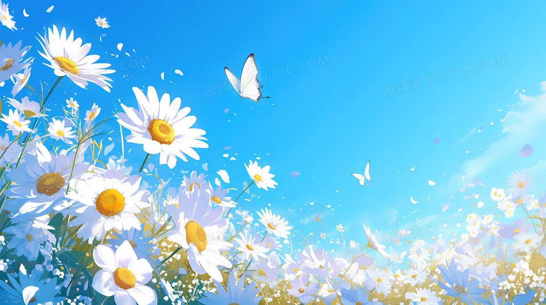 蓝天白云梦幻小雏菊花海唯美背景图