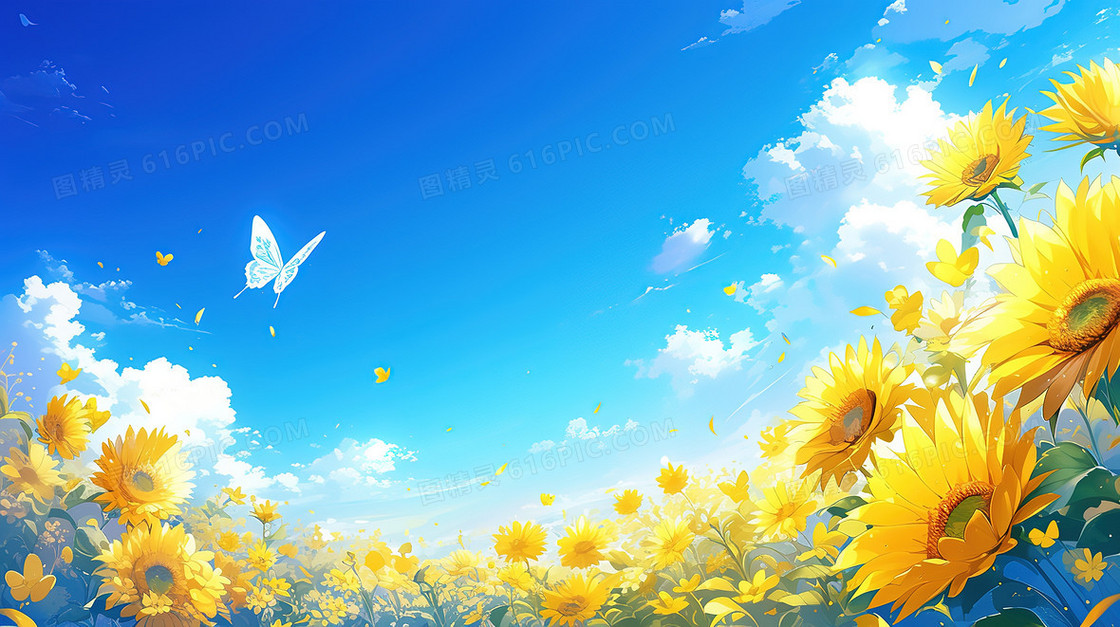 蓝天白云梦幻向日葵花海唯美背景图