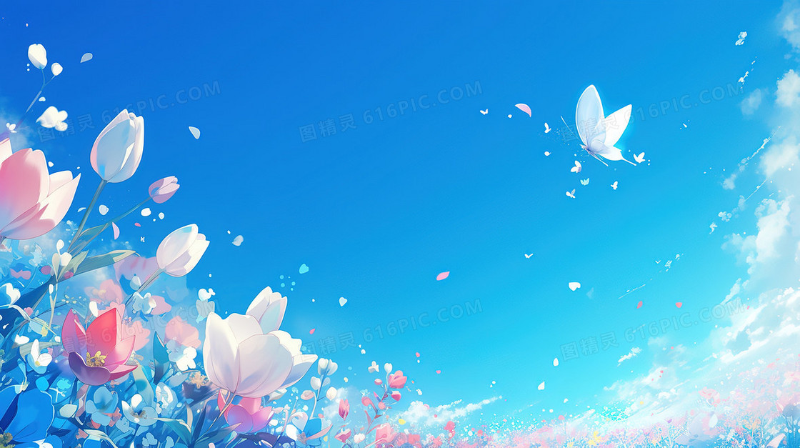 蓝天白云梦幻郁金香花海唯美背景图