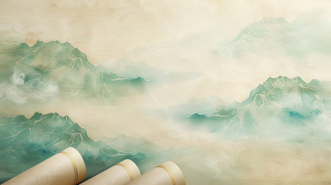 中式卷轴水墨山水画中国风背景图