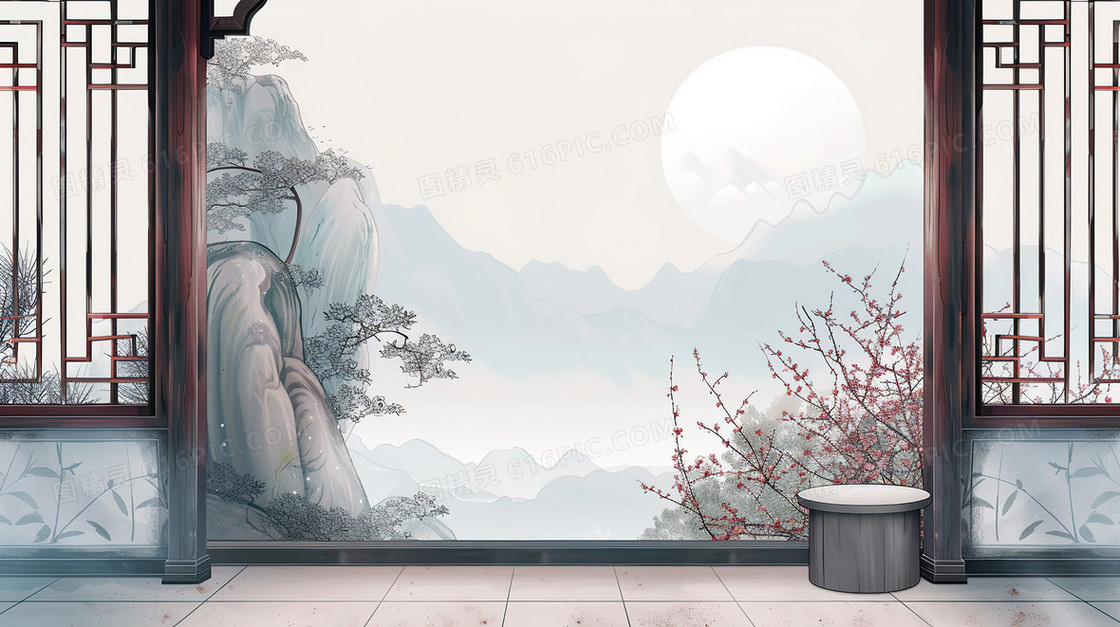 古风建筑中式窗户中国风背景图
