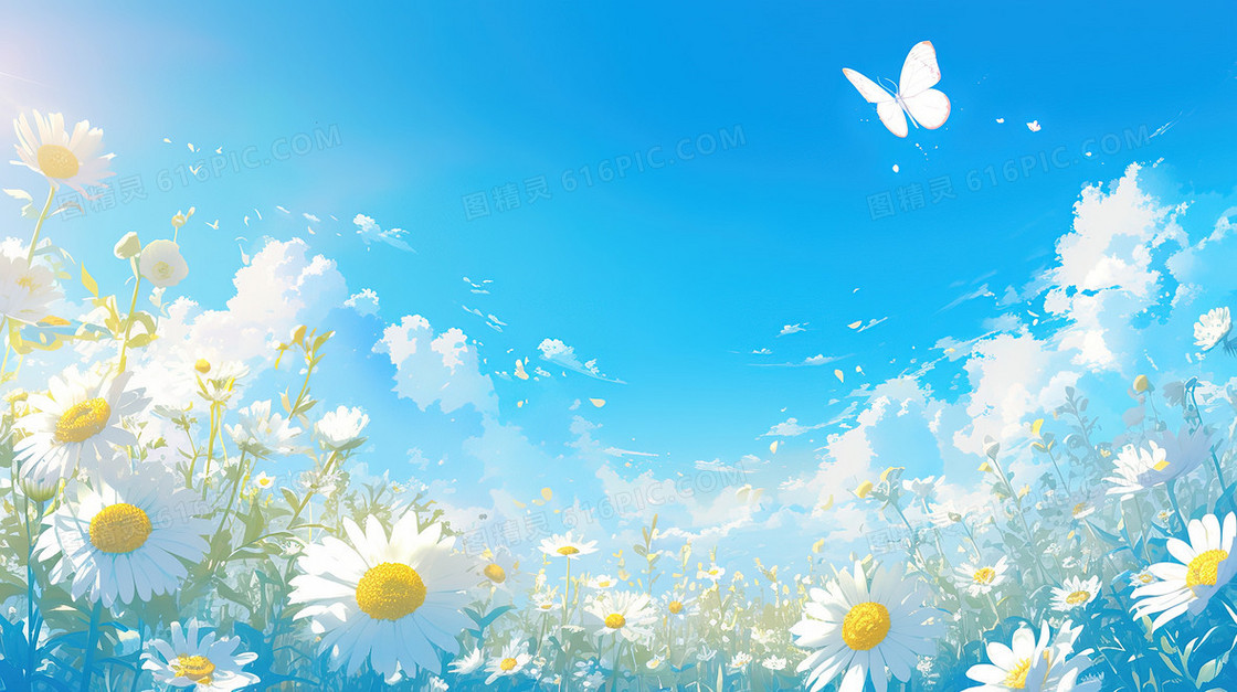 蓝天白云梦幻小雏菊花海唯美背景图