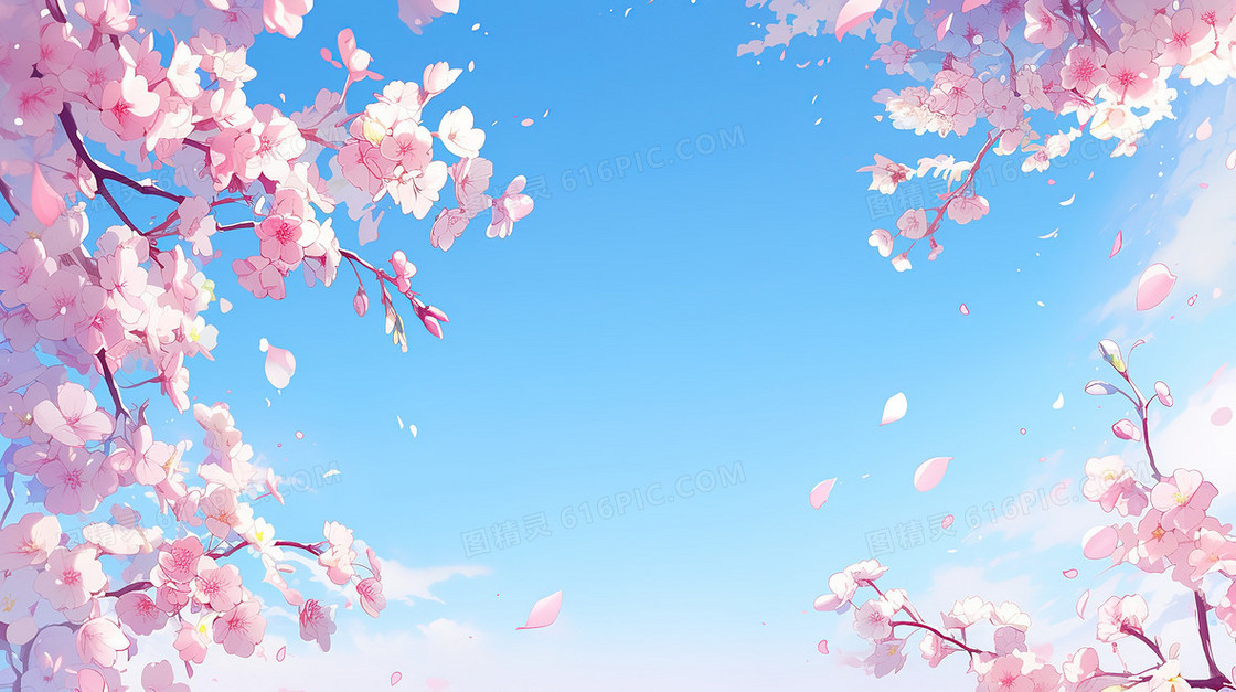 蓝天白云唯美粉色樱花春天背景图