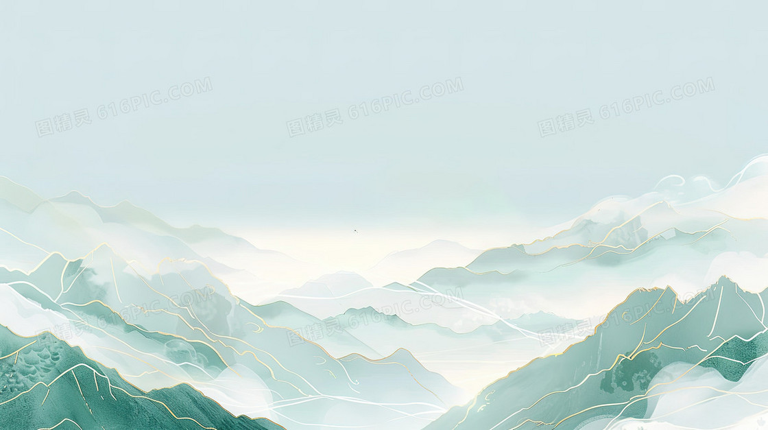 淡绿色中国风水墨云雾山水背景