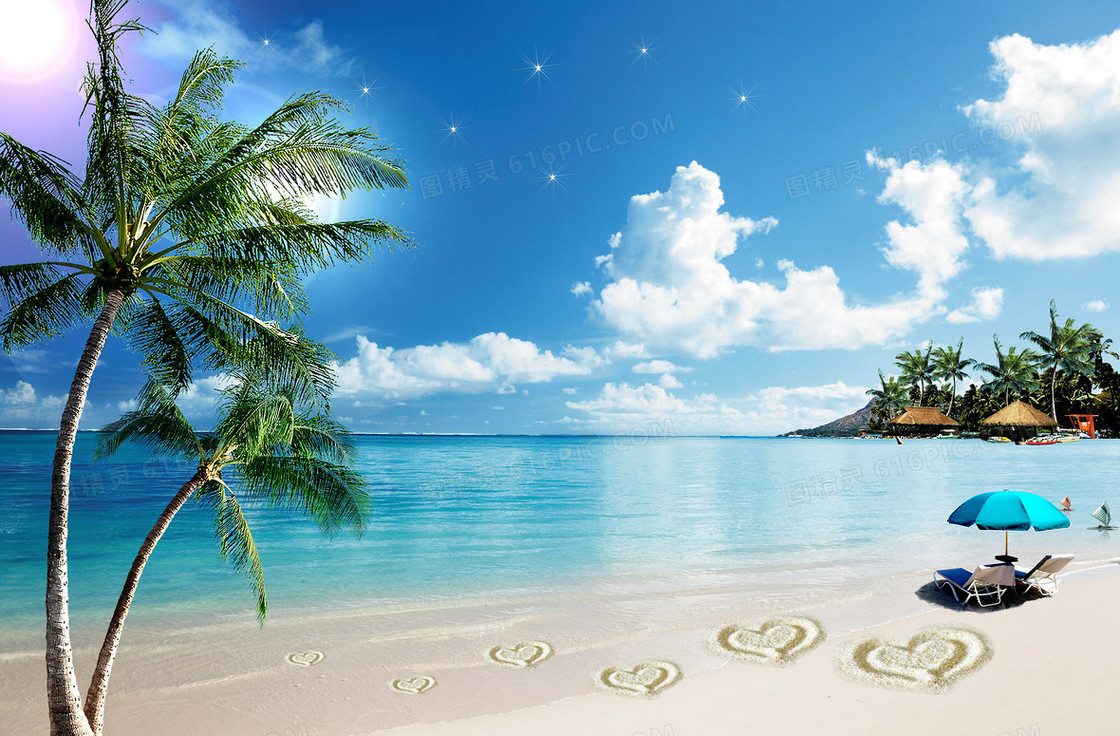 三亚蓝天海水沙滩椰树旅游海报背景