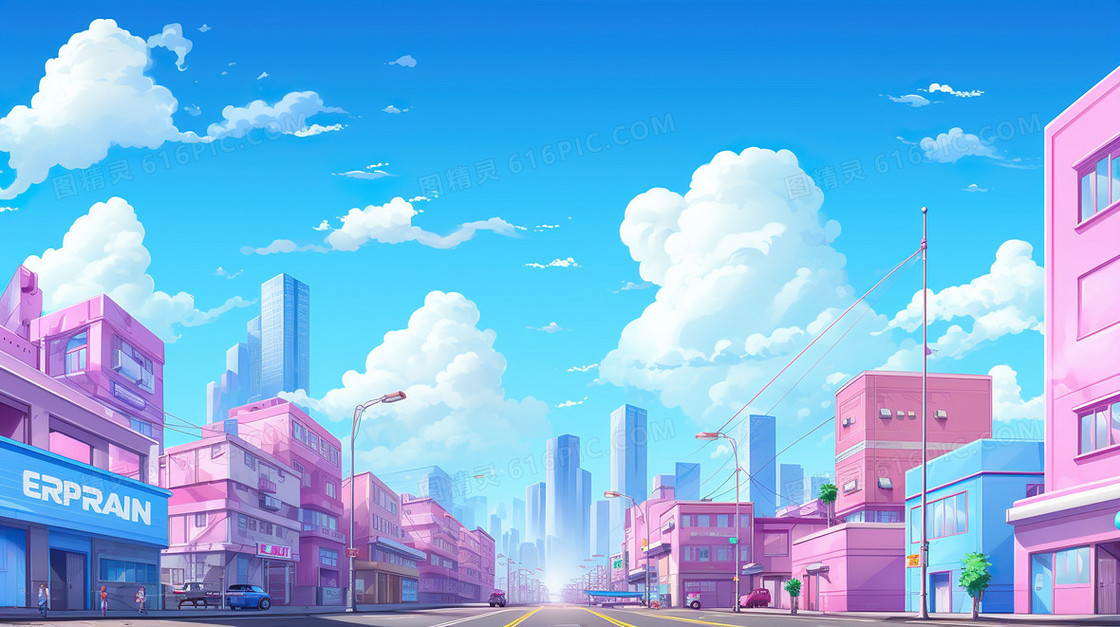 粉色卡通梦幻城市马卡龙背景