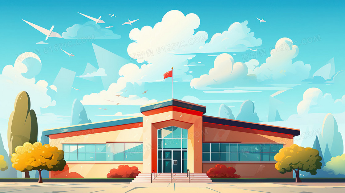 教育学校操场教学楼卡通背景