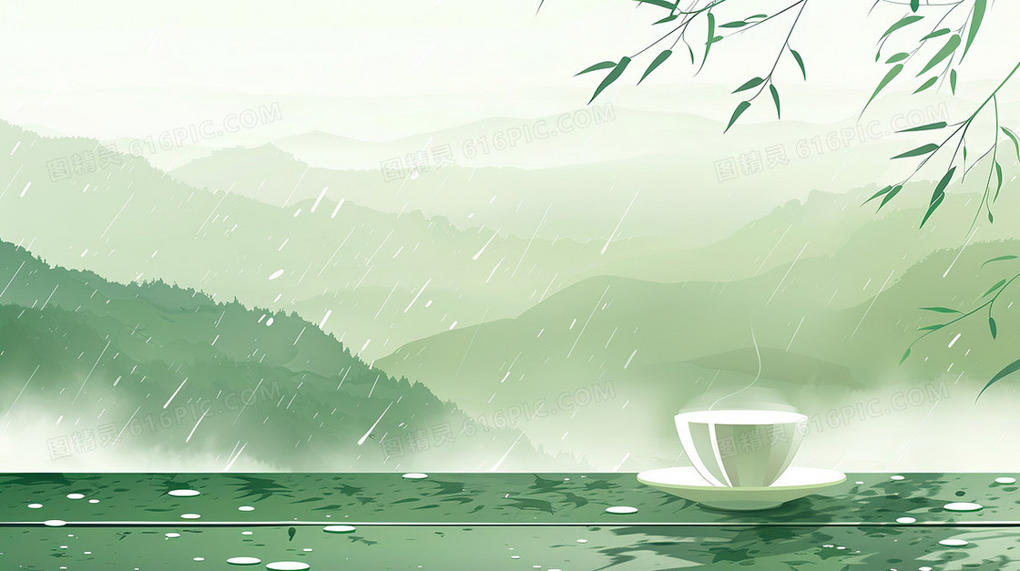 春天雨季茶杯小清新创意背景