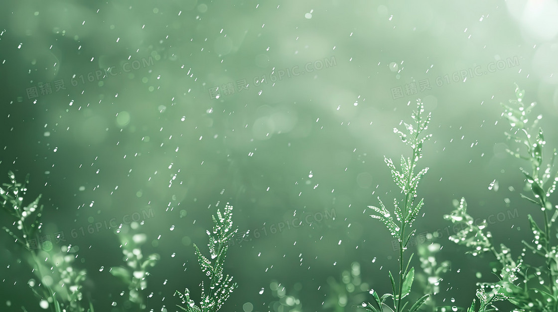 雨天绿色植物朦胧光晕清新背景图