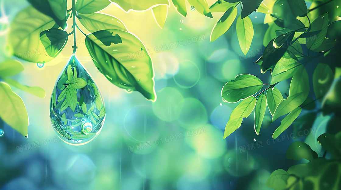 绿色植物树叶上的水珠小清新插画背景图