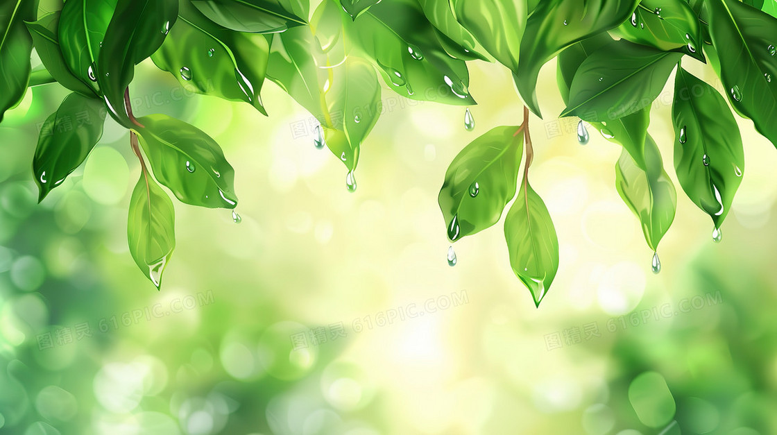 绿色植物树叶上的水珠小清新插画背景图