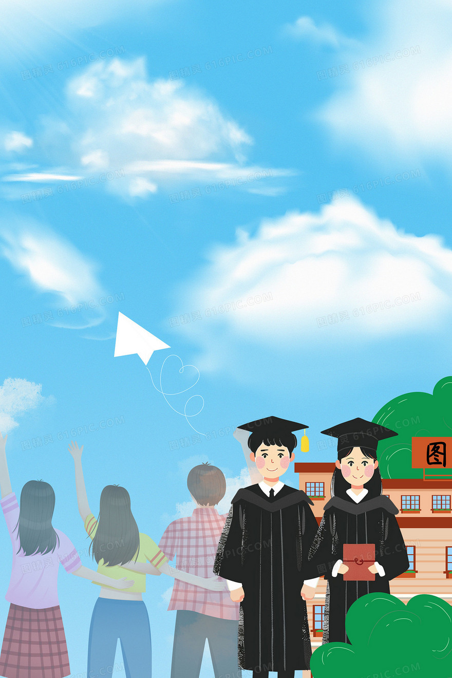 蓝色手绘卡通校园学生毕业合成背景
