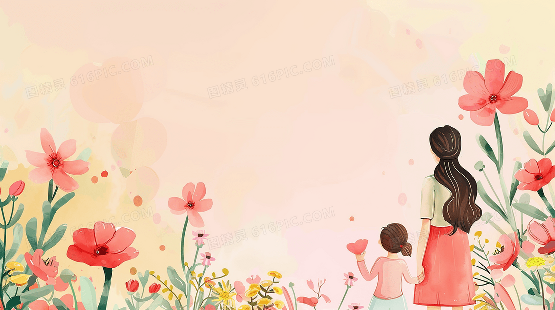 卡通母亲节妈妈牵着孩子插画风背景