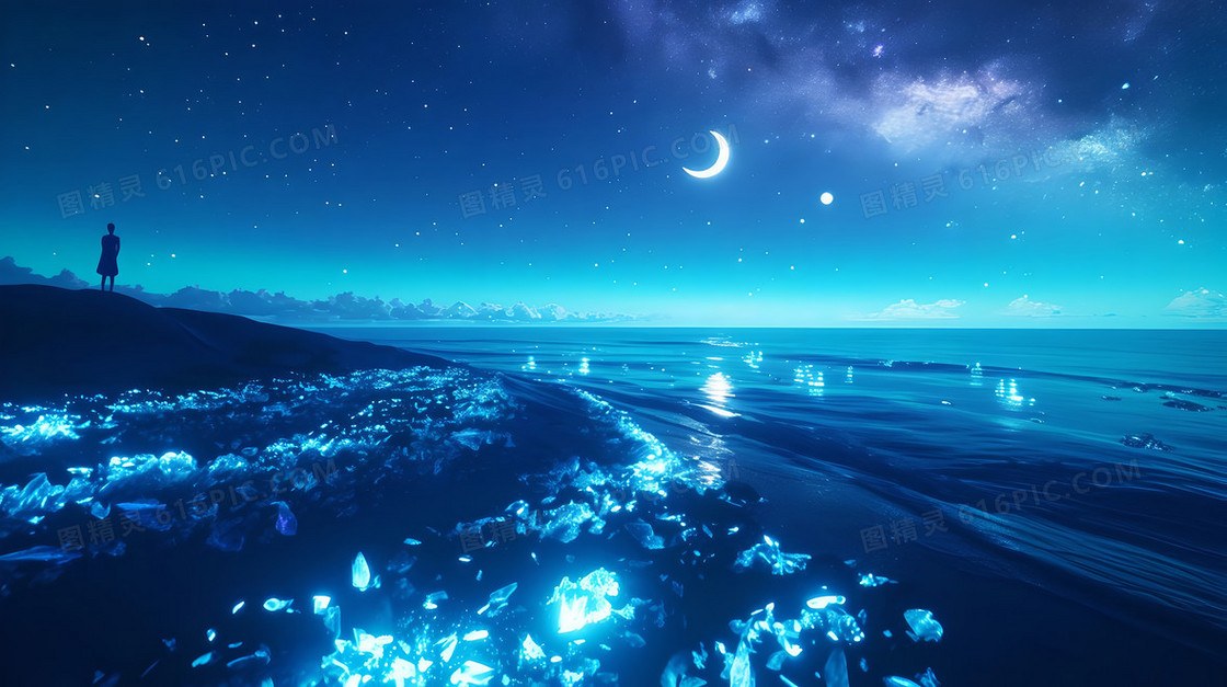 星光和银色新月洒在沙滩上唯美背景