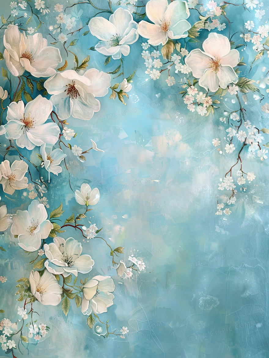 蓝色手绘油画质感植物花朵装饰边框背景