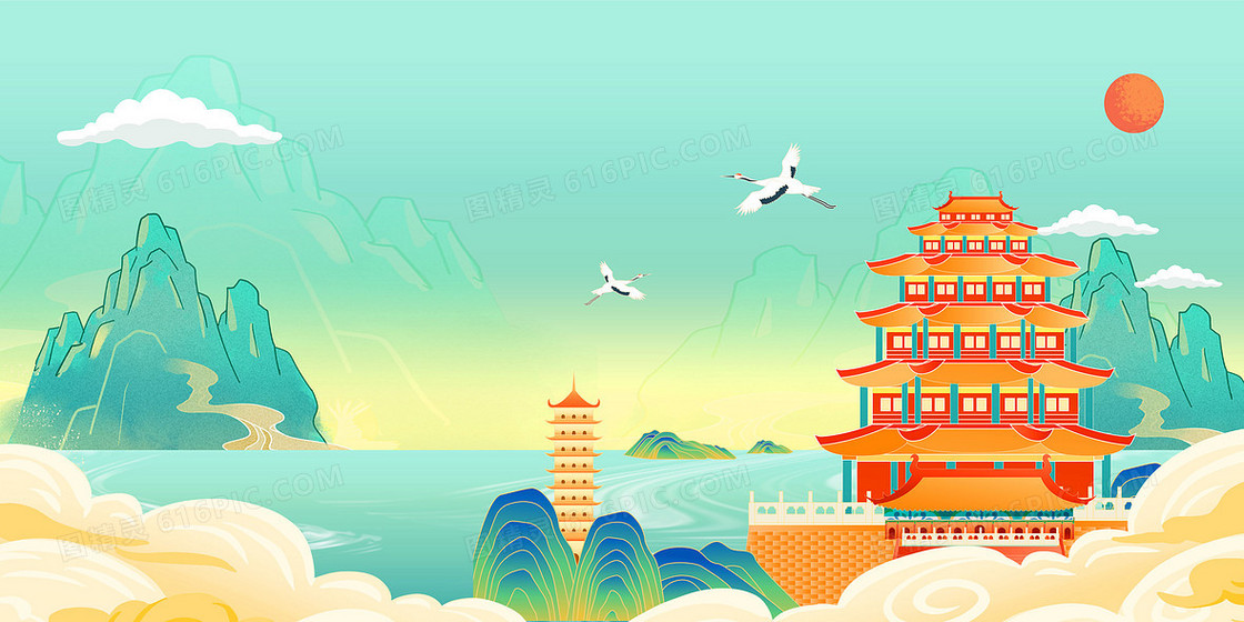 绿色国潮风山水城市地标滕王阁背景