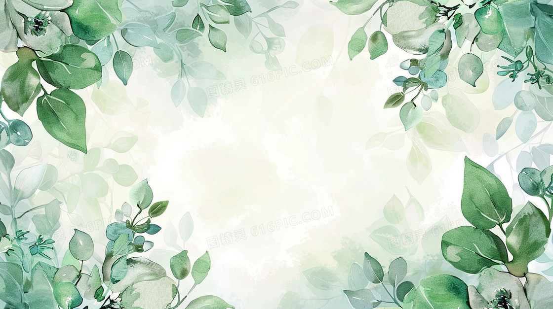 绿色水彩植物叶子装饰边框背景
