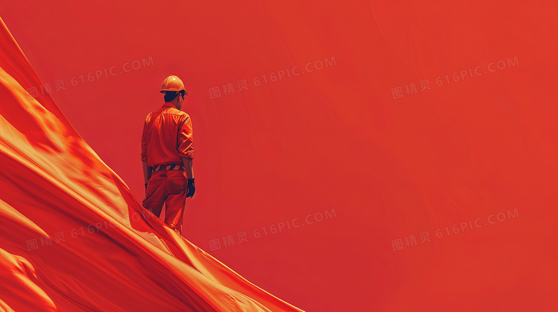 简约大气安全生产丝绸和工人红色背景