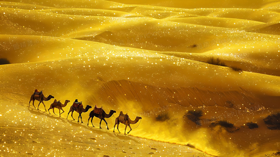 骆驼排成一行缓慢行进在色彩斑斓的黄色闪闪发光的沙漠中背景