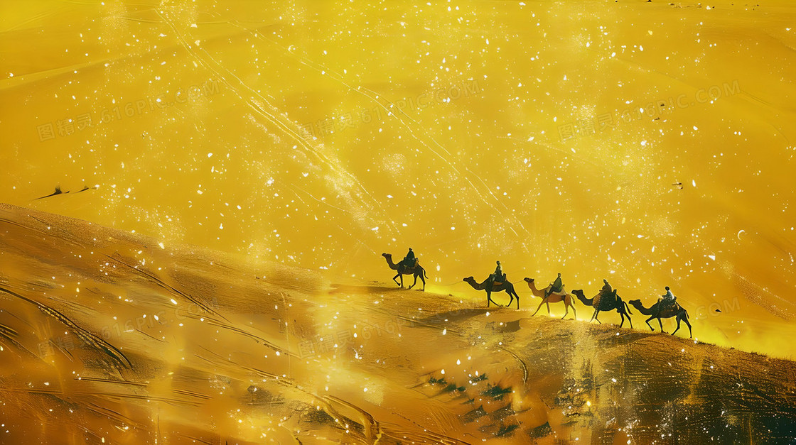 骆驼排成一行缓慢行进在色彩斑斓的黄色闪闪发光的沙漠中背景