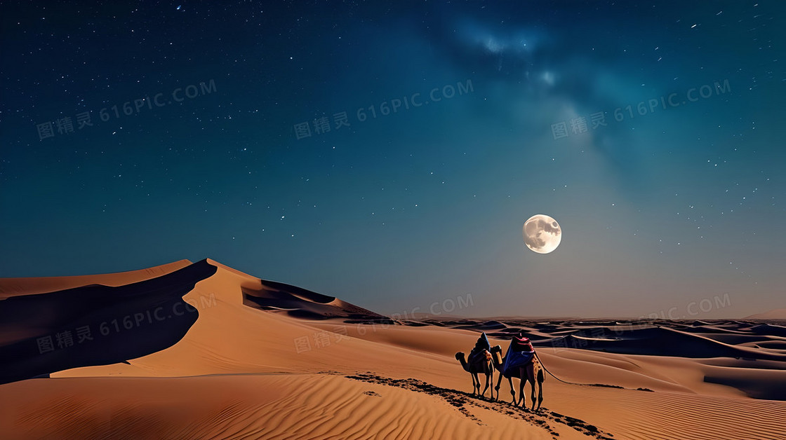 夜晚闪烁星河和月光洒落在静谧沙漠背景