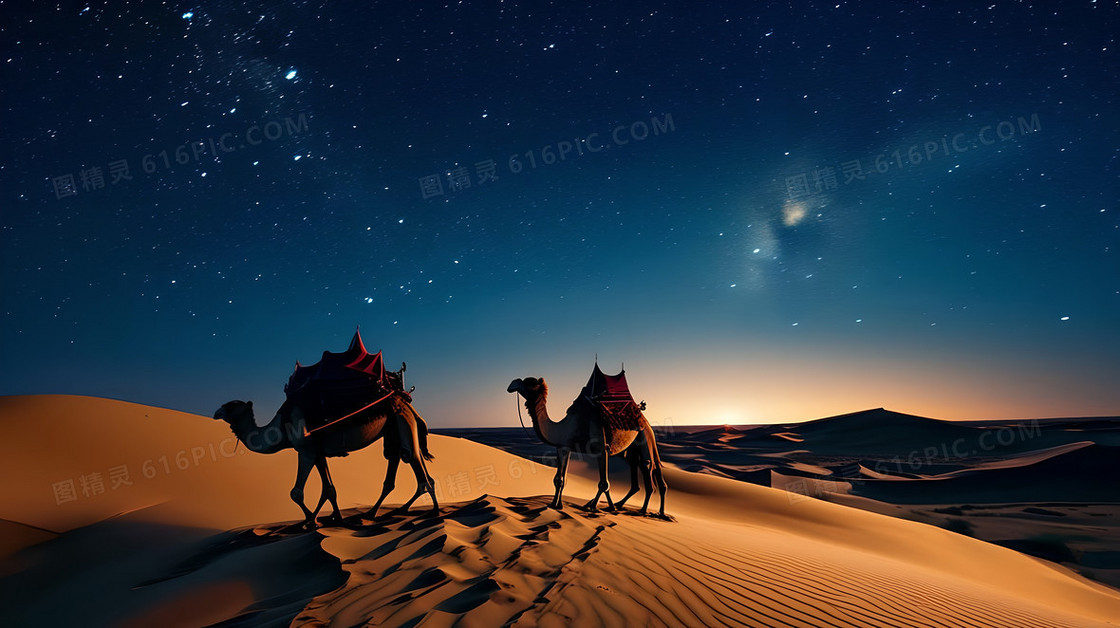 夜晚闪烁星河和月光洒落在静谧沙漠背景