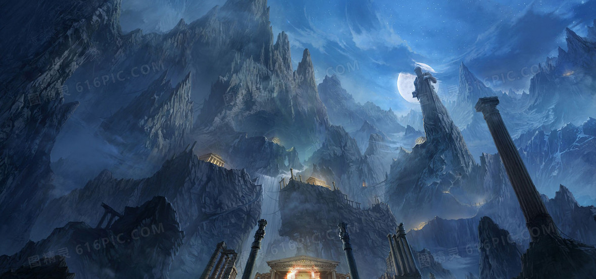 游戏手绘山峦场景1920 × 900jpg梦幻火凤凰卡通手绘宣传游戏海报背景