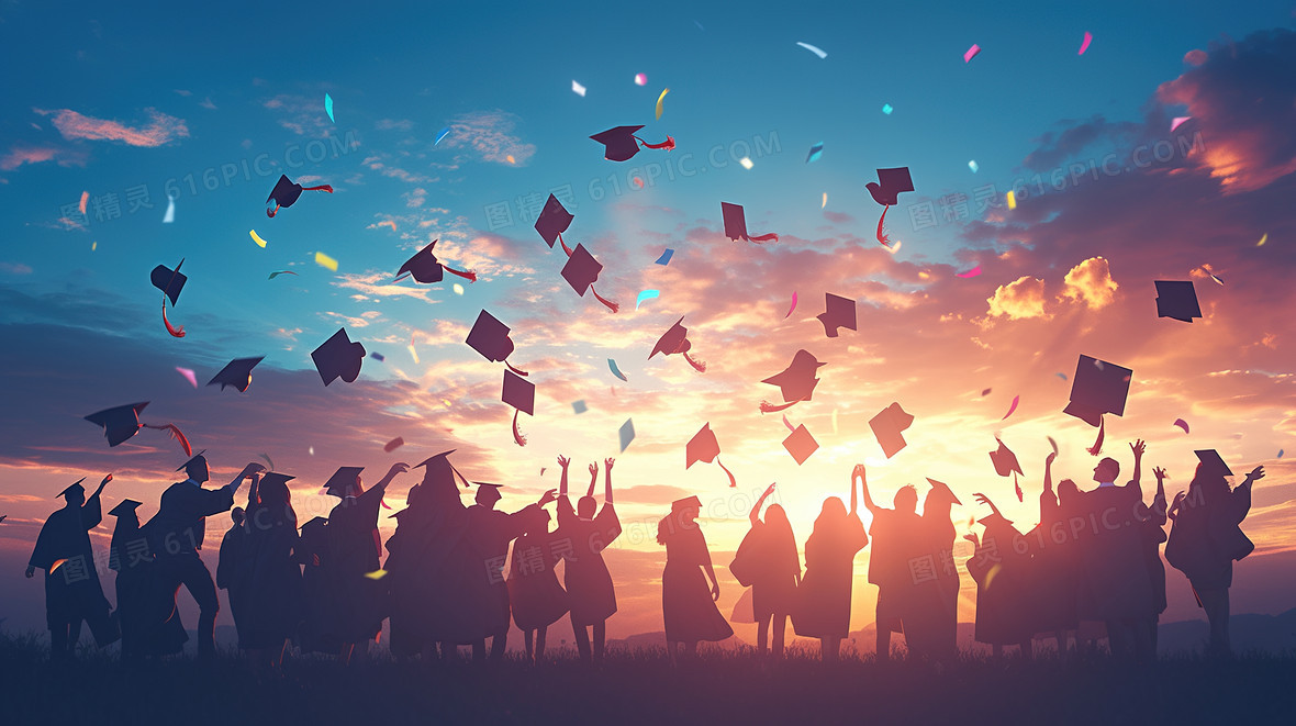 毕业季人物剪影夕阳背景