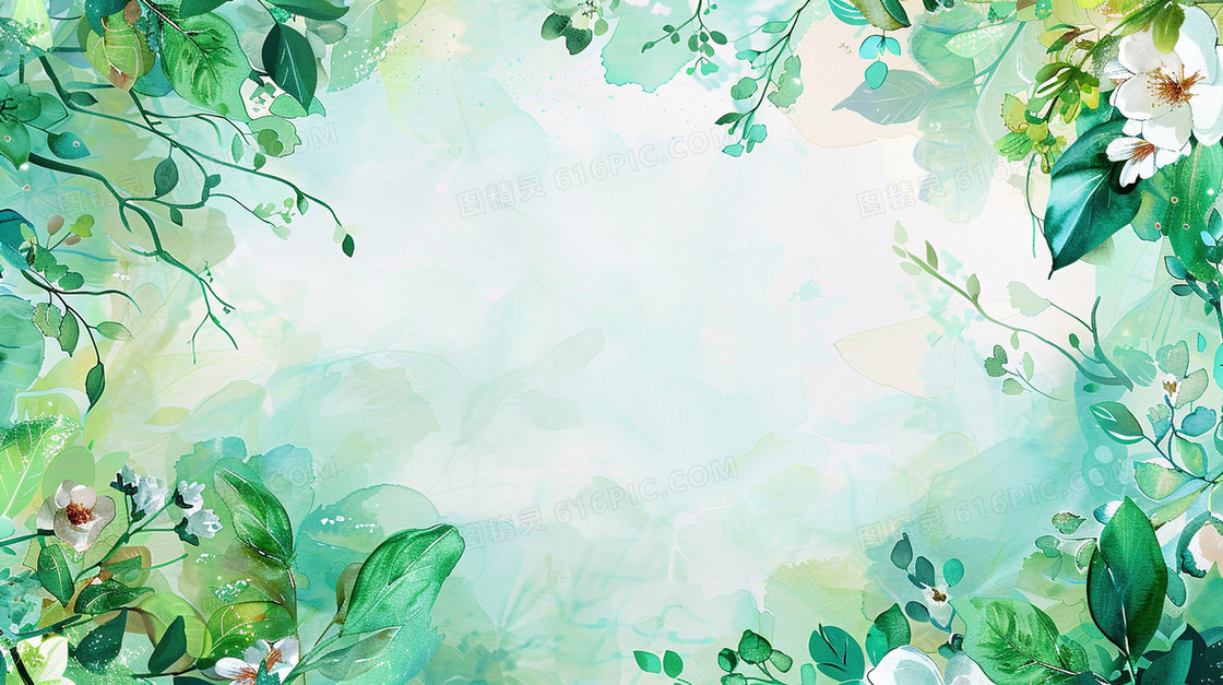 夏日绿叶花枝边框装饰背景