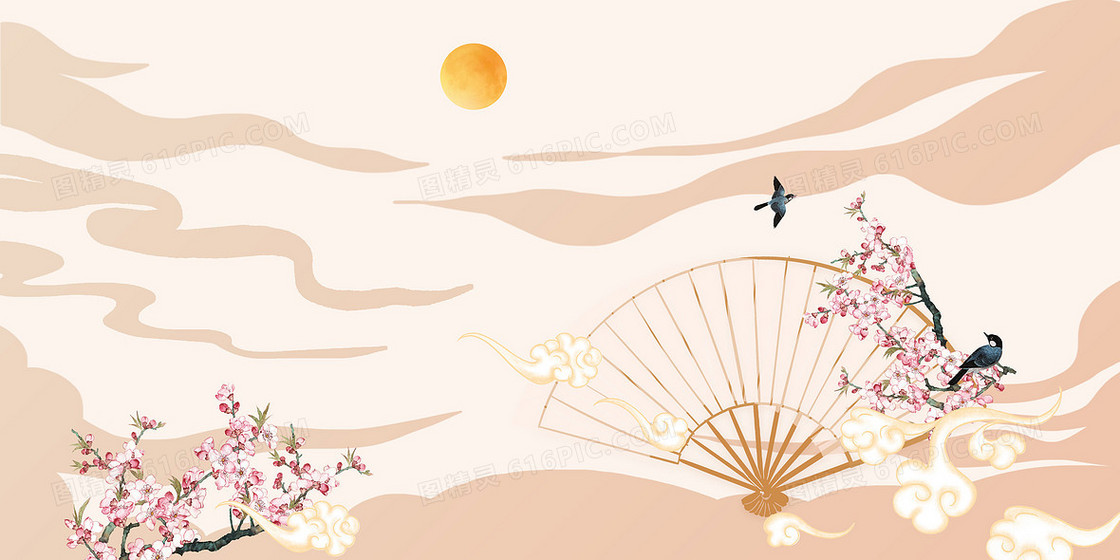 古风简约扇子桃花合成背景