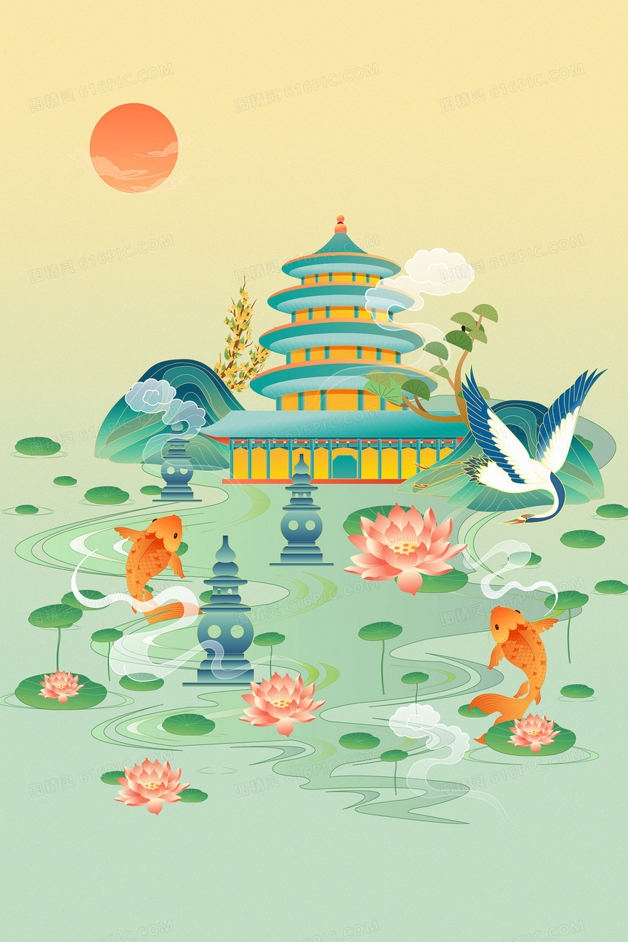 黄色绿色复古国潮杭州建筑合成背景