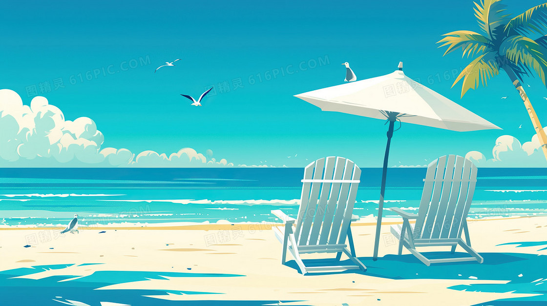 蓝天白云海边沙滩遮阳伞背景