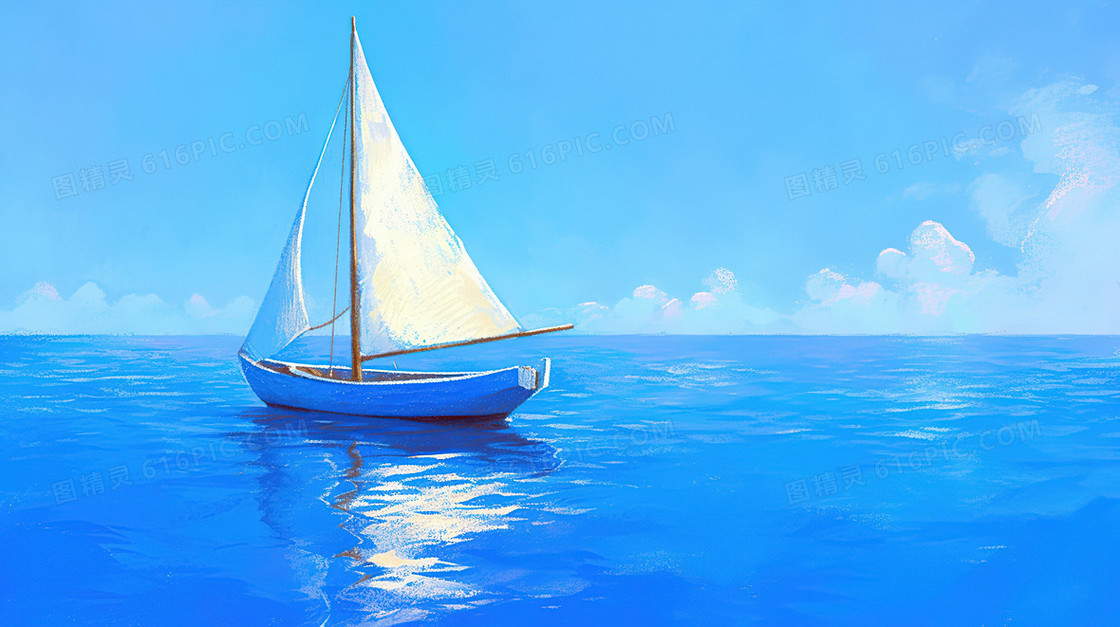 蓝色手绘水面上的小船简约背景