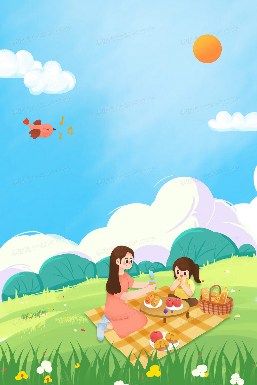 卡通插画风母女草地野餐背景