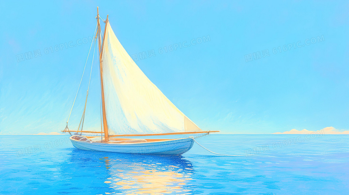 蓝色手绘水面上的小船简约背景