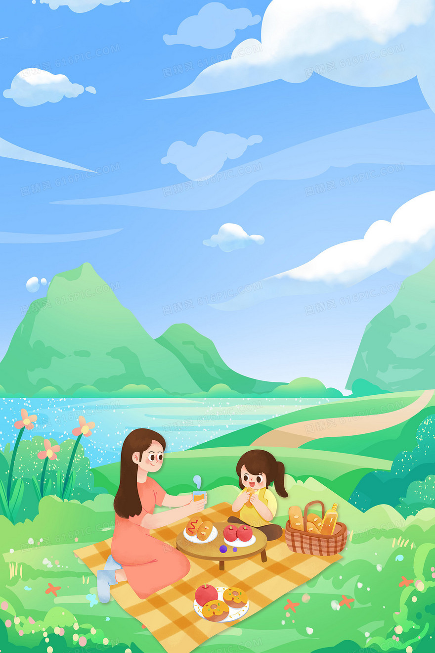 插画风母女户外露营野餐背景
