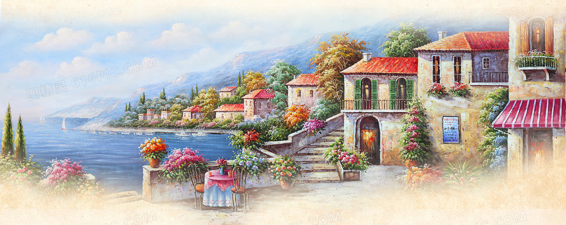 淘宝家纺水墨画城堡清新唯美背景banner