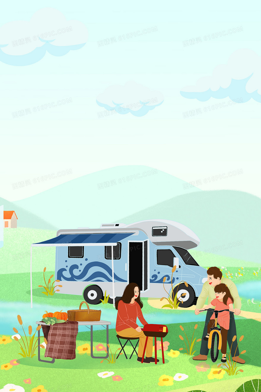 蓝绿清新野餐露营背景图