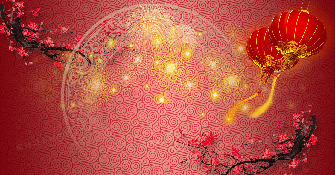 中国风春节水墨梅花与中式图案背景素材