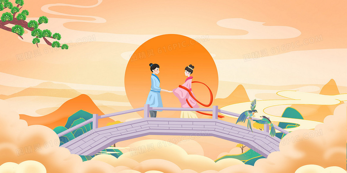 国潮风七夕情人节牛郎织女背景
