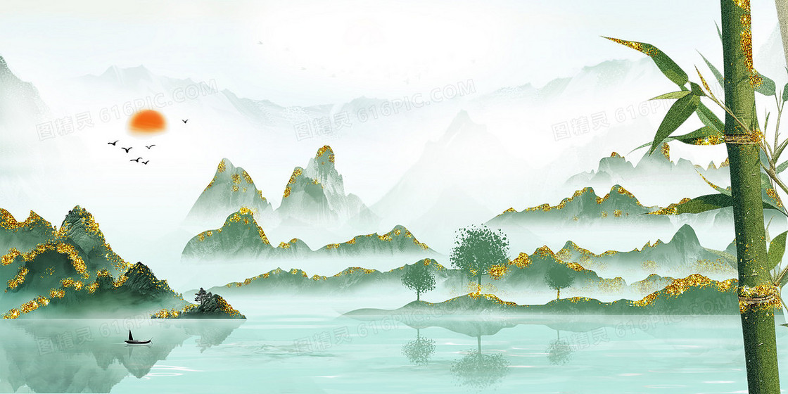 中国风竹子国潮鎏金山水背景