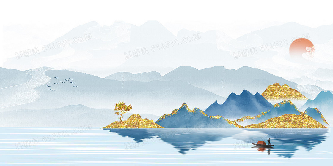 清新中国风山水渔船鎏金山水背景