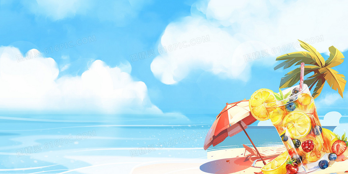 夏季沙滩椰树清凉冷饮背景